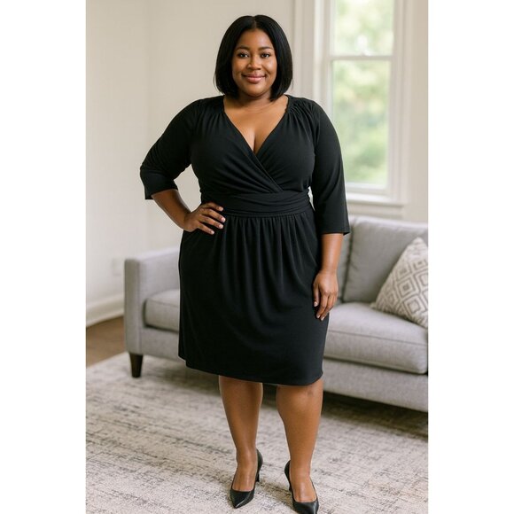 Evan-Picone Size 14 Dress Surplice V-Neck Ruched Empire Waist Side Zip Black - Picture 8 of 8